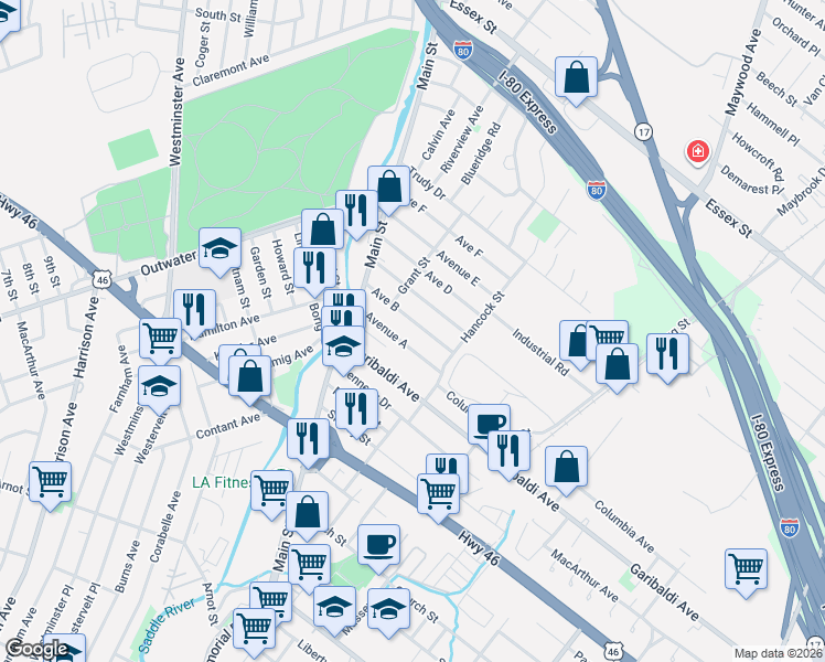 map of restaurants, bars, coffee shops, grocery stores, and more near 55 Avenue B in Lodi