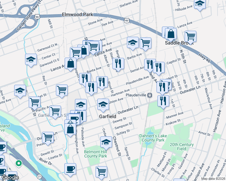 map of restaurants, bars, coffee shops, grocery stores, and more near 88 Plauderville Avenue in Garfield