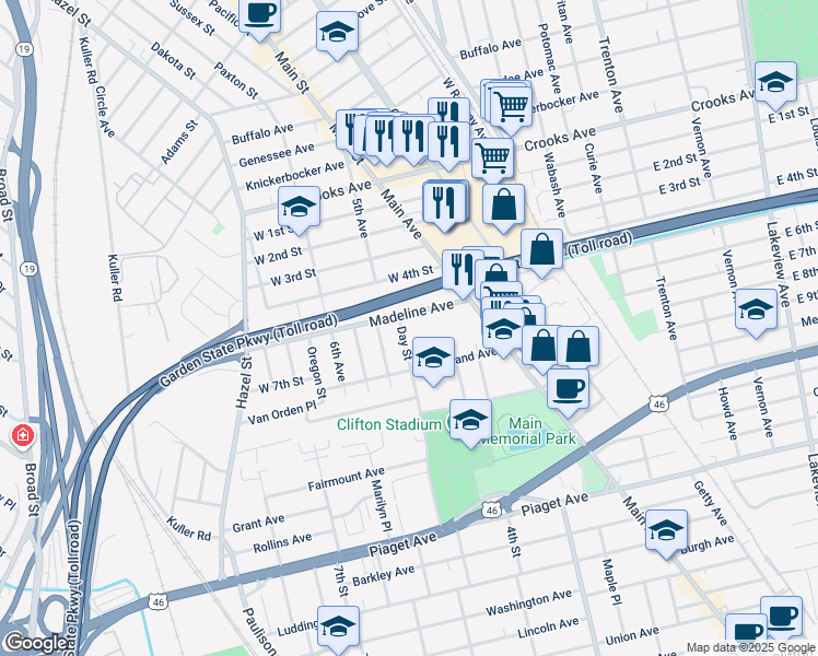 map of restaurants, bars, coffee shops, grocery stores, and more near 39 Madeline Avenue in Clifton