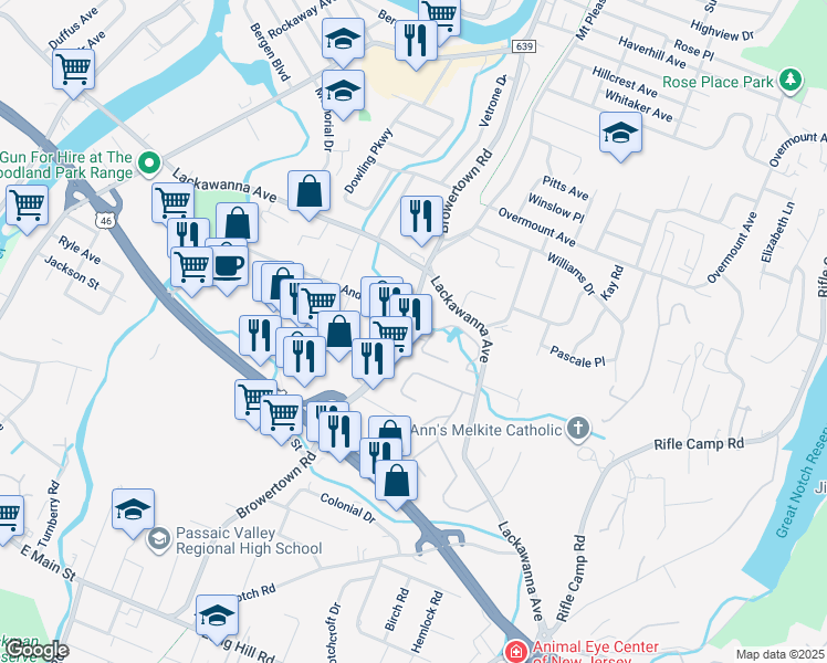 map of restaurants, bars, coffee shops, grocery stores, and more near 279 Browertown Road in Woodland Park
