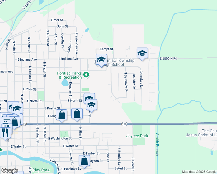 map of restaurants, bars, coffee shops, grocery stores, and more near 805 Illini Avenue in Pontiac