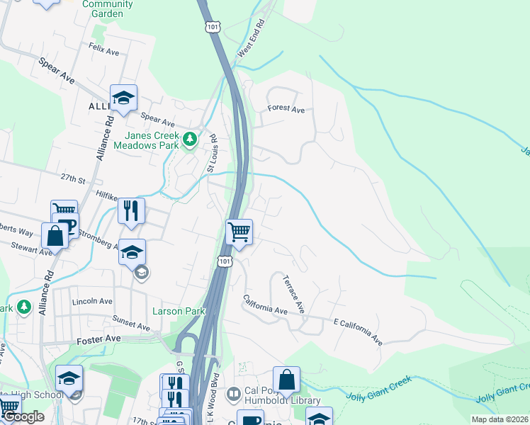 map of restaurants, bars, coffee shops, grocery stores, and more near Mack Road & Ridge Road in Arcata