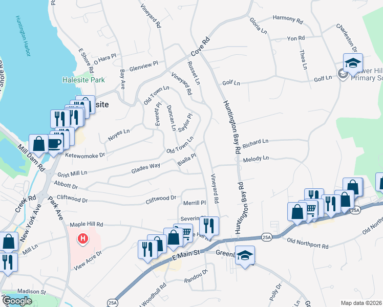 map of restaurants, bars, coffee shops, grocery stores, and more near 103 Fort Hill Road in Halesite