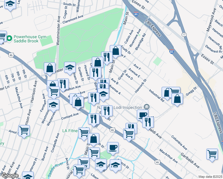 map of restaurants, bars, coffee shops, grocery stores, and more near 27 Avenue A in Lodi