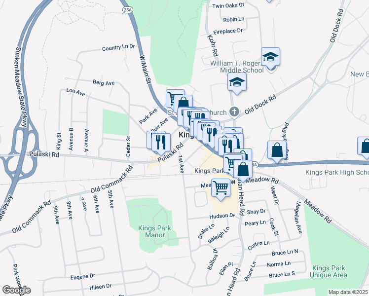 map of restaurants, bars, coffee shops, grocery stores, and more near 28 Pulaski Road in Kings Park