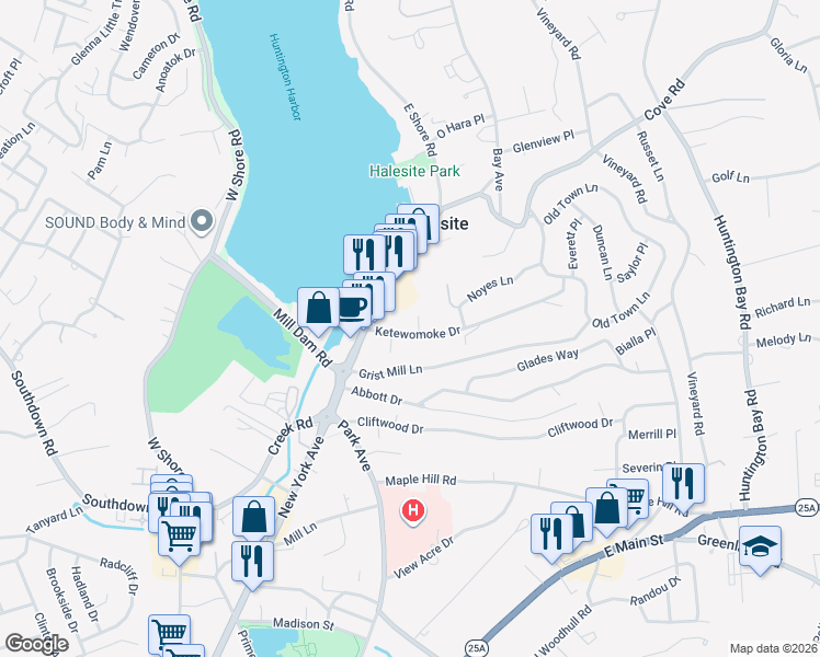 map of restaurants, bars, coffee shops, grocery stores, and more near 21 Ketewomoke Drive in Halesite