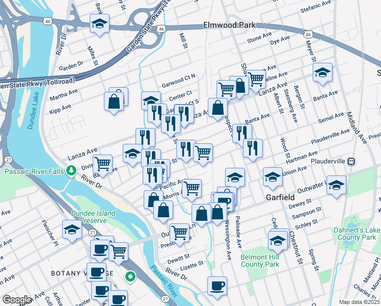 map of restaurants, bars, coffee shops, grocery stores, and more near 143 Market Street in Garfield