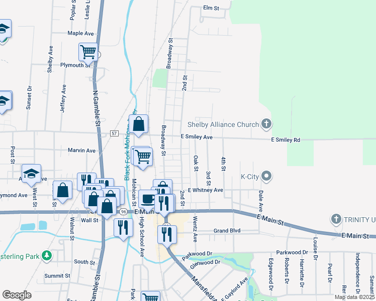 map of restaurants, bars, coffee shops, grocery stores, and more near 53 2nd Street in Shelby