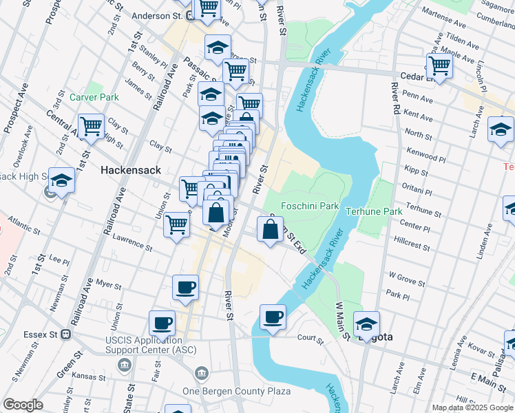 map of restaurants, bars, coffee shops, grocery stores, and more near 242 River Street in Hackensack