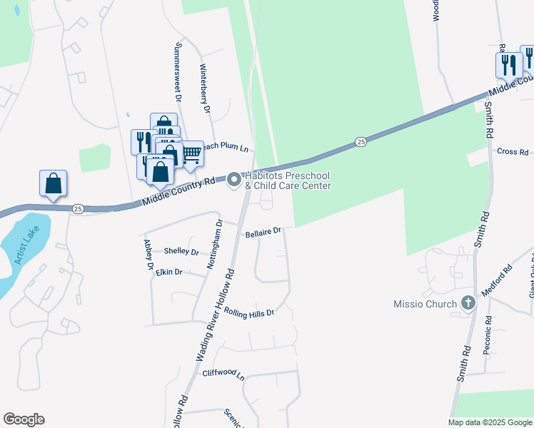 map of restaurants, bars, coffee shops, grocery stores, and more near 33 Oakridge Circle in Ridge