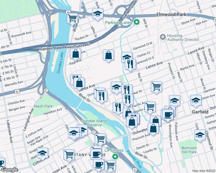 map of restaurants, bars, coffee shops, grocery stores, and more near 83 Division Avenue in Garfield