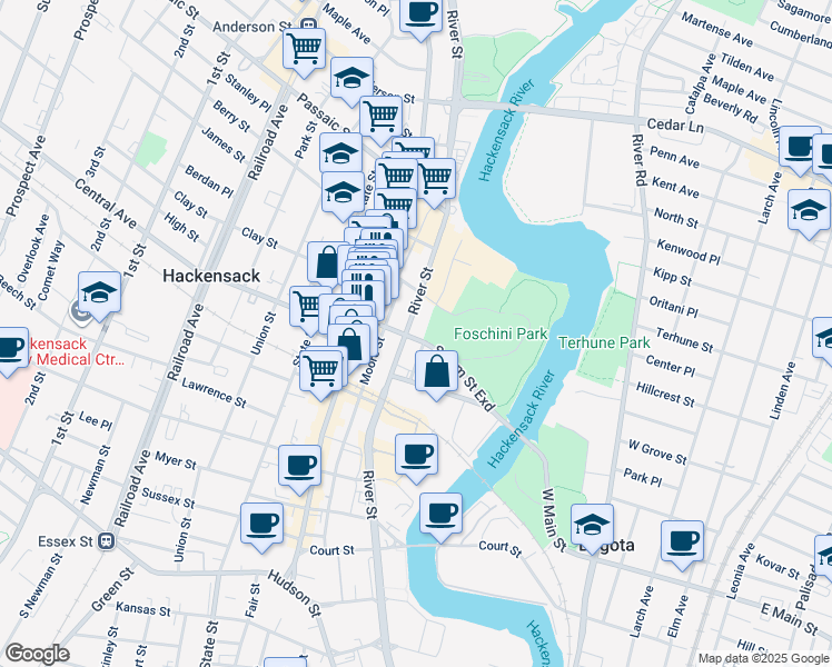 map of restaurants, bars, coffee shops, grocery stores, and more near 242 River Street in Hackensack