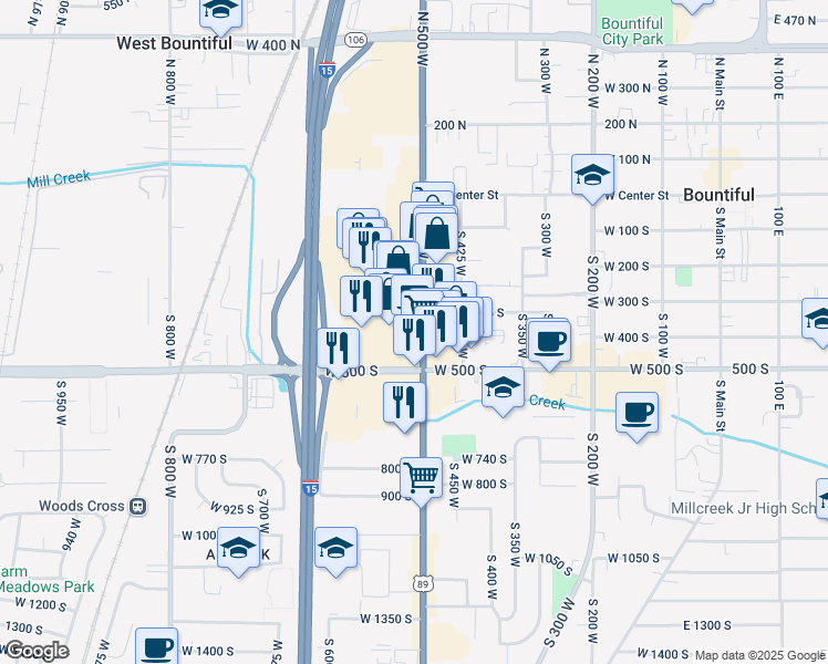 map of restaurants, bars, coffee shops, grocery stores, and more near 410 500 West in Bountiful