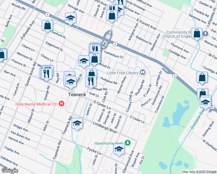 map of restaurants, bars, coffee shops, grocery stores, and more near 887 Alpine Drive in Teaneck