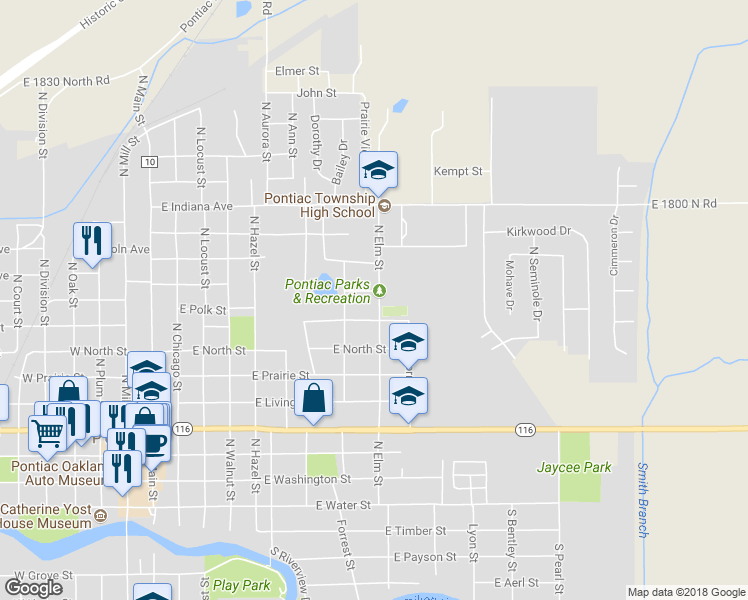 map of restaurants, bars, coffee shops, grocery stores, and more near 814 East Kathryn Street in Pontiac