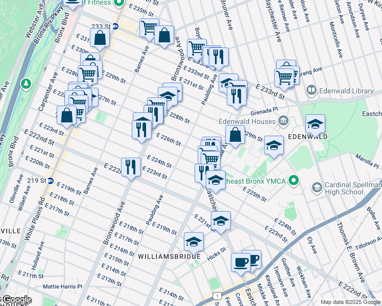 map of restaurants, bars, coffee shops, grocery stores, and more near 1014 East 226th Street in Bronx
