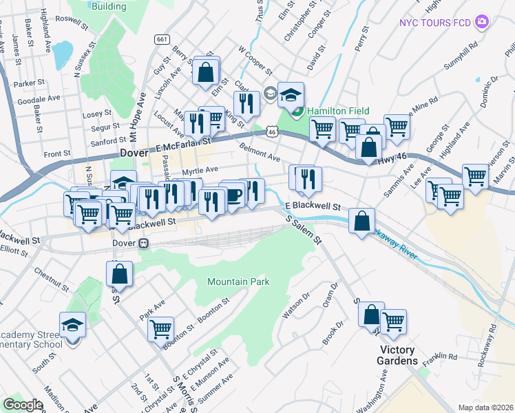 map of restaurants, bars, coffee shops, grocery stores, and more near 203 East Blackwell Street in Dover