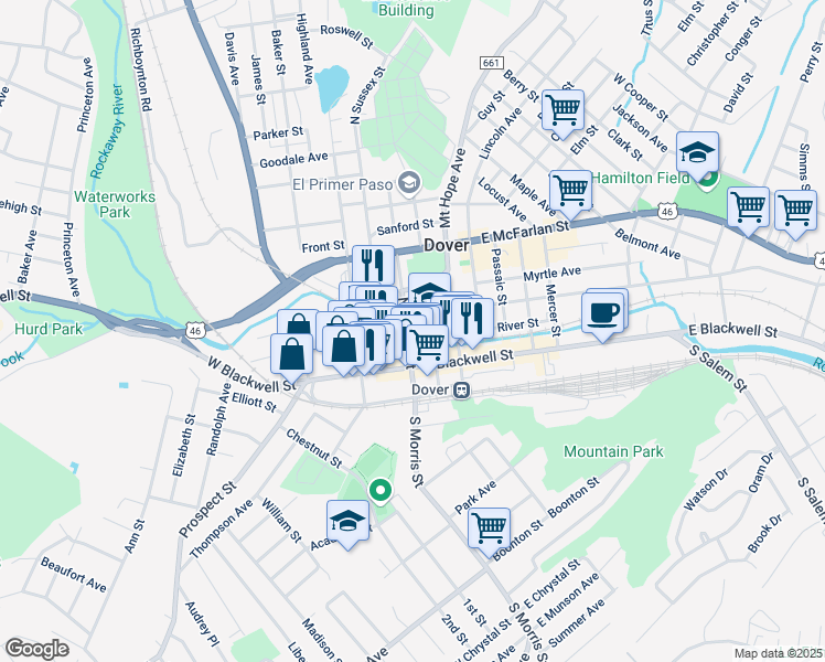 map of restaurants, bars, coffee shops, grocery stores, and more near 30 North Morris Street in Dover
