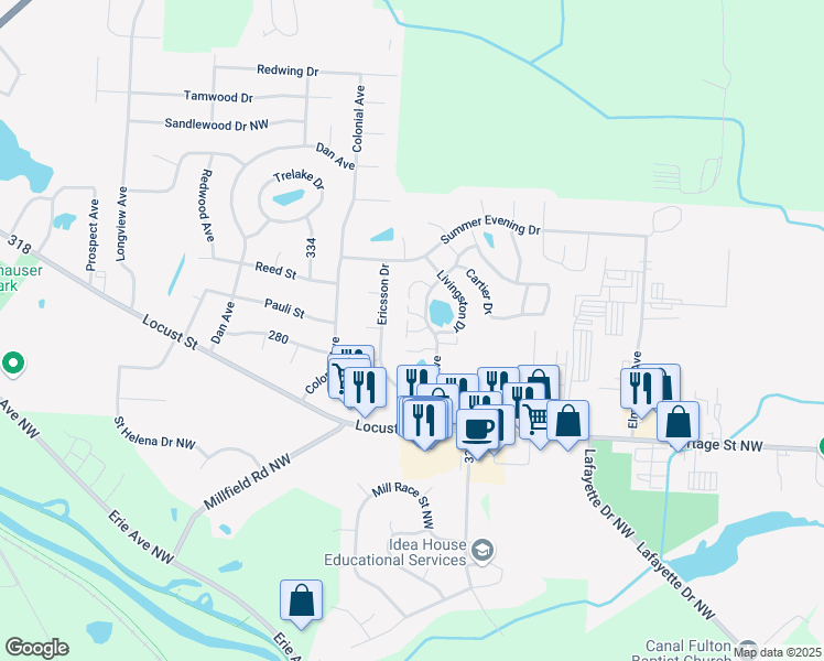 map of restaurants, bars, coffee shops, grocery stores, and more near 680 Beverly Avenue in Canal Fulton