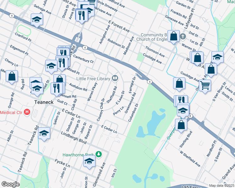 map of restaurants, bars, coffee shops, grocery stores, and more near 223 Lakeview Terrace in Teaneck