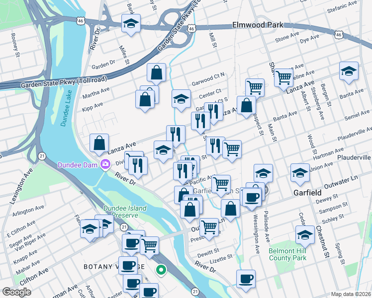 map of restaurants, bars, coffee shops, grocery stores, and more near 146 Division Avenue in Garfield