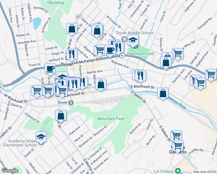 map of restaurants, bars, coffee shops, grocery stores, and more near 171 E Blackwell St in Dover
