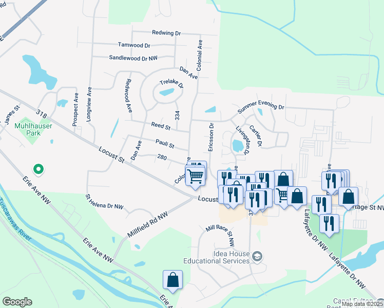 map of restaurants, bars, coffee shops, grocery stores, and more near 645 Colonial Avenue in Canal Fulton