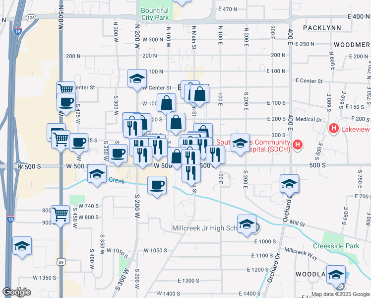 map of restaurants, bars, coffee shops, grocery stores, and more near 34 West 400 South in Bountiful