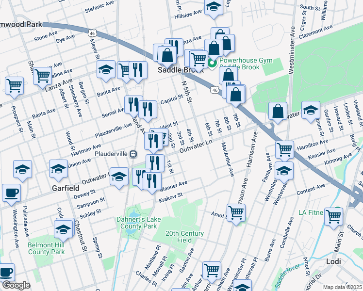 map of restaurants, bars, coffee shops, grocery stores, and more near 345 3rd Street in Saddle Brook