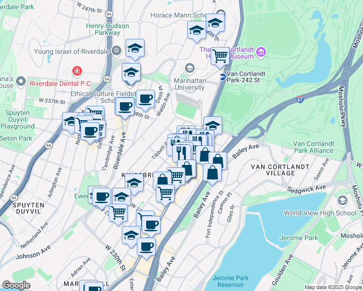 map of restaurants, bars, coffee shops, grocery stores, and more near 276 West 238th Street in Bronx