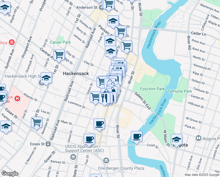 map of restaurants, bars, coffee shops, grocery stores, and more near in Hackensack