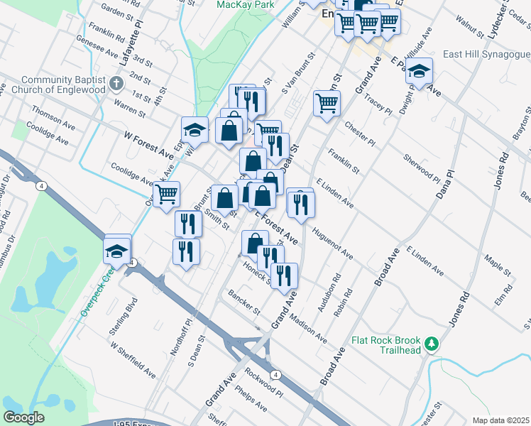 map of restaurants, bars, coffee shops, grocery stores, and more near 267 South Dean Street in Englewood