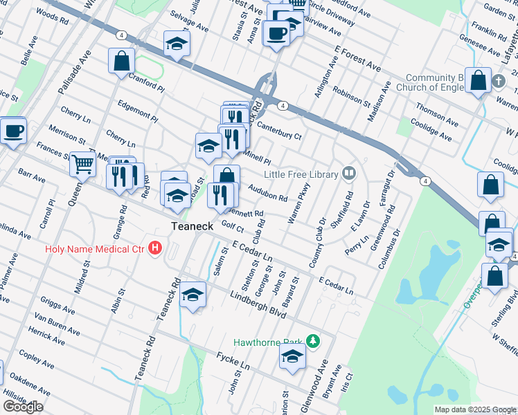 map of restaurants, bars, coffee shops, grocery stores, and more near 887 Alpine Drive in Teaneck