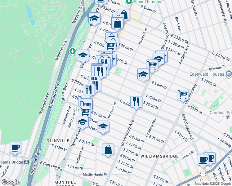 map of restaurants, bars, coffee shops, grocery stores, and more near 3911 Barnes Avenue in Bronx