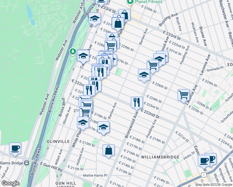 map of restaurants, bars, coffee shops, grocery stores, and more near 3911 Barnes Avenue in Bronx