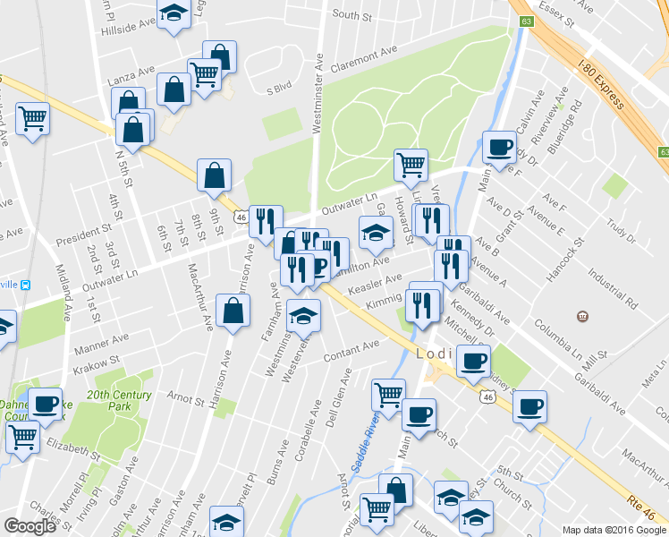 map of restaurants, bars, coffee shops, grocery stores, and more near 61 Hamilton Avenue in Lodi
