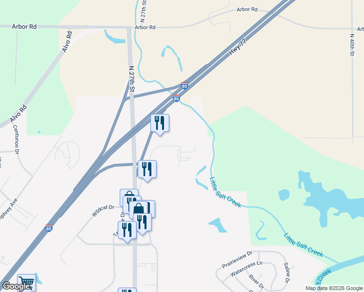 map of restaurants, bars, coffee shops, grocery stores, and more near 2898 Husker Circle in Lincoln