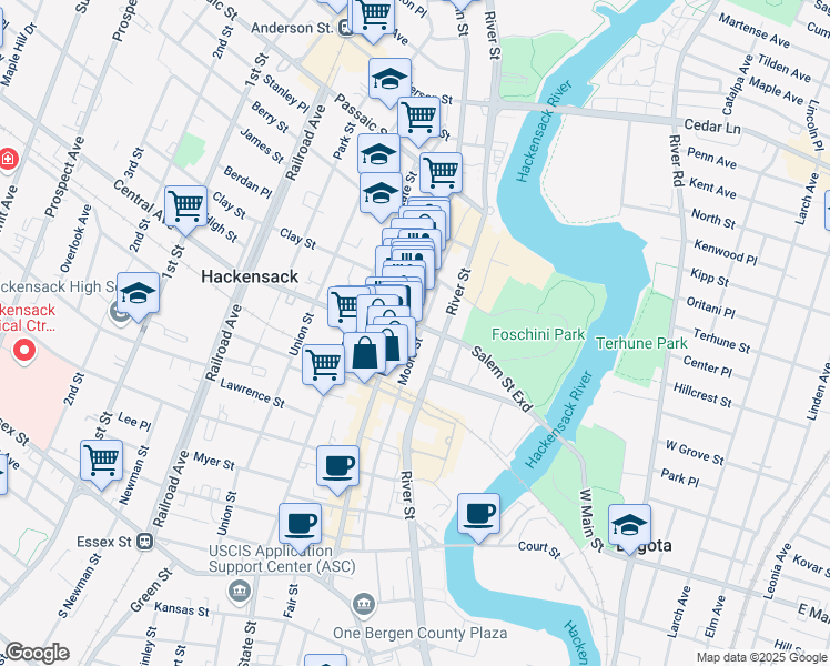 map of restaurants, bars, coffee shops, grocery stores, and more near 7 East Salem Street in Hackensack