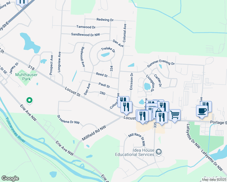 map of restaurants, bars, coffee shops, grocery stores, and more near 645 Colonial Avenue in Canal Fulton