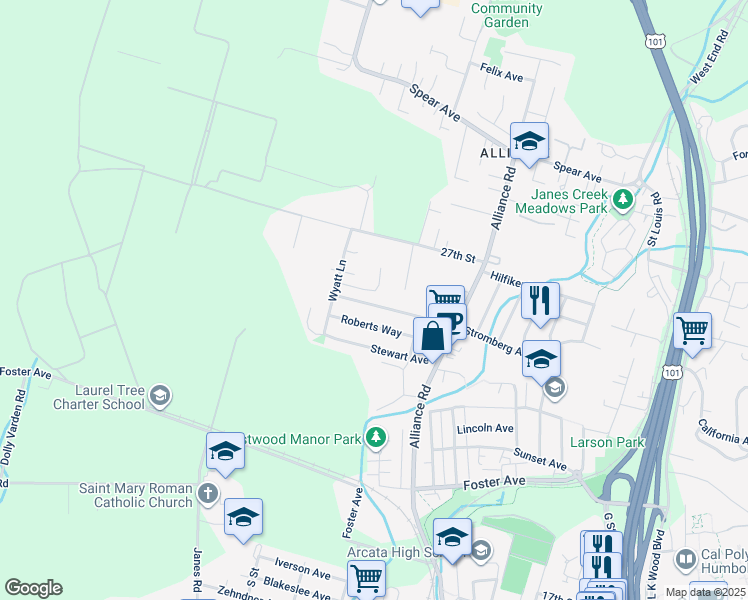 map of restaurants, bars, coffee shops, grocery stores, and more near 1780 Stromberg Avenue in Arcata