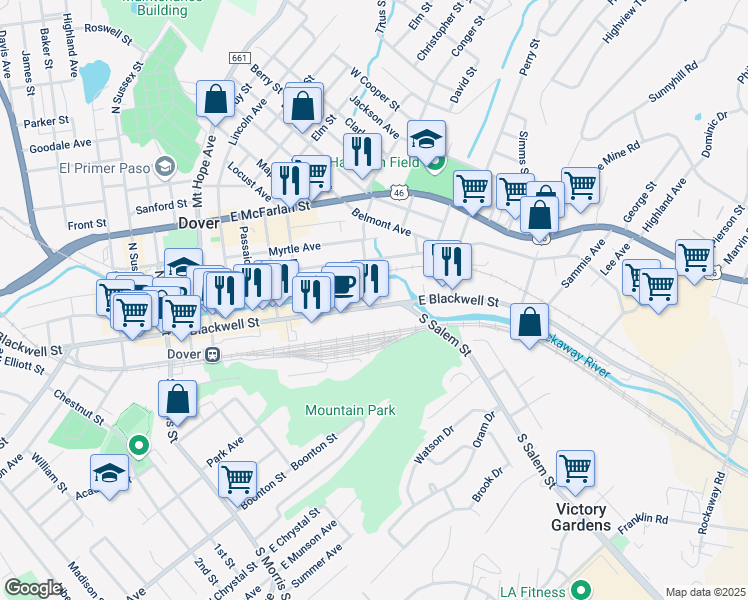 map of restaurants, bars, coffee shops, grocery stores, and more near 203 East Blackwell Street in Dover