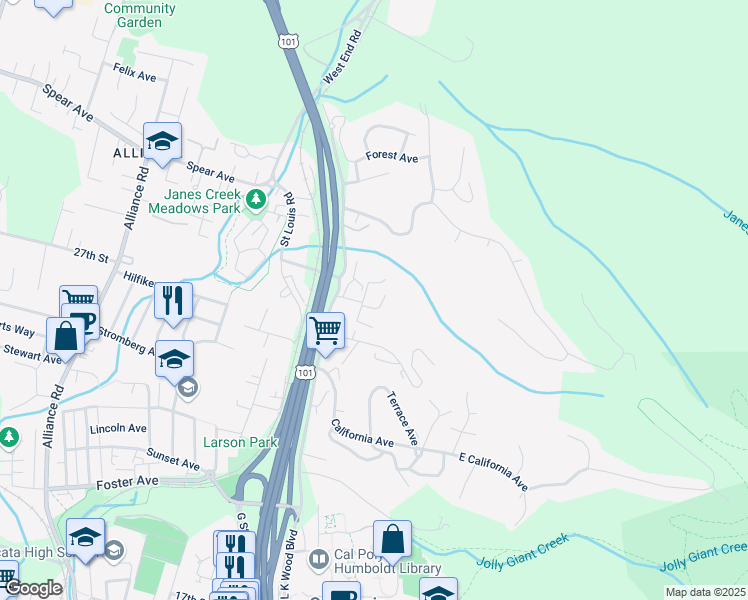 map of restaurants, bars, coffee shops, grocery stores, and more near 512 Ridge Road in Arcata