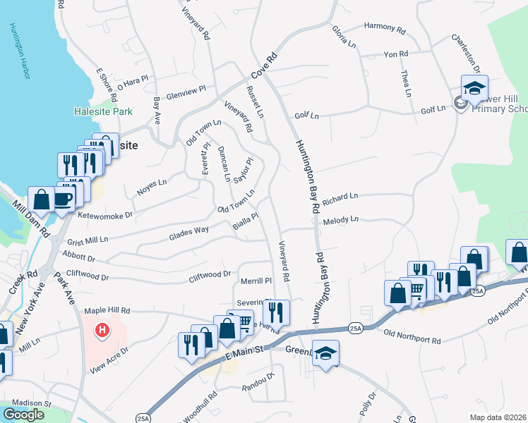 map of restaurants, bars, coffee shops, grocery stores, and more near 103 Fort Hill Road in Halesite