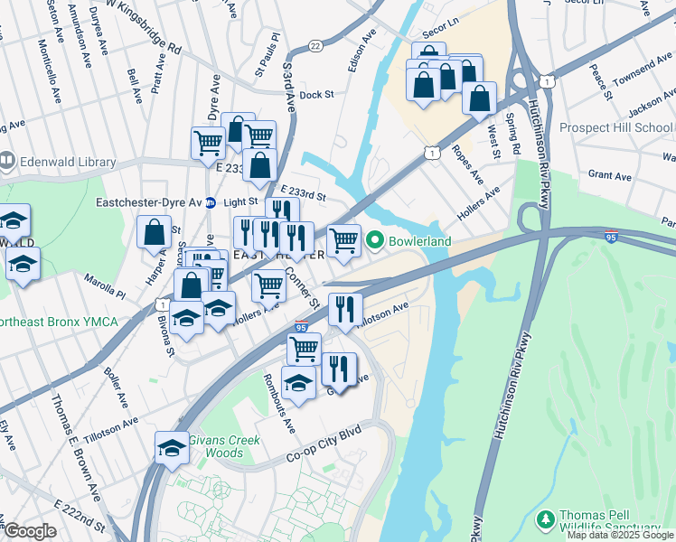 map of restaurants, bars, coffee shops, grocery stores, and more near 2345 Hollers Avenue in The Bronx