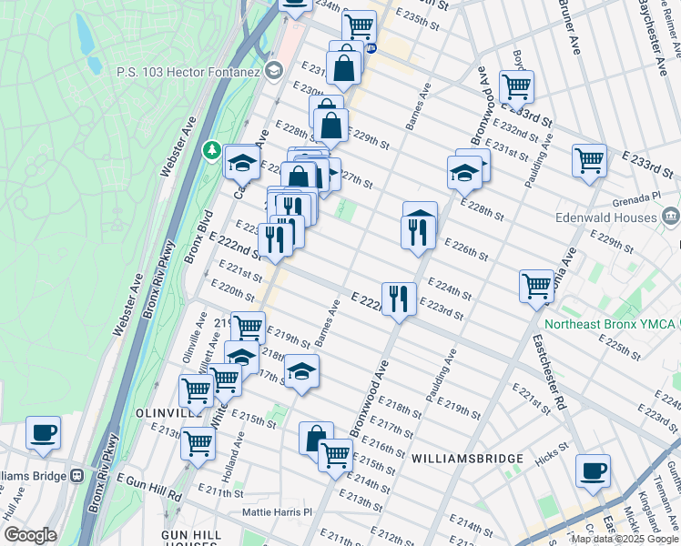 map of restaurants, bars, coffee shops, grocery stores, and more near 772 East 223rd Street in Bronx