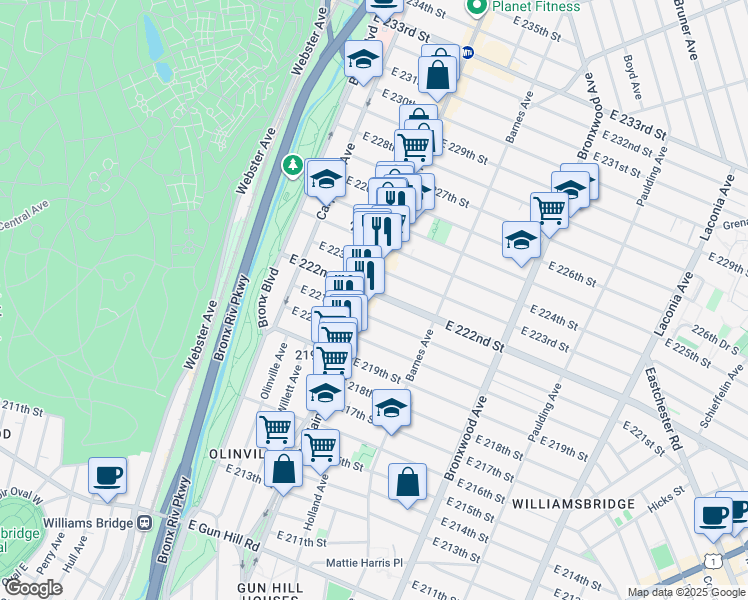 map of restaurants, bars, coffee shops, grocery stores, and more near in The Bronx