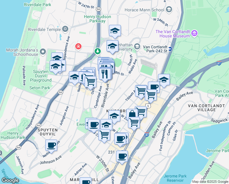 map of restaurants, bars, coffee shops, grocery stores, and more near 3585 Greystone Avenue in Bronx