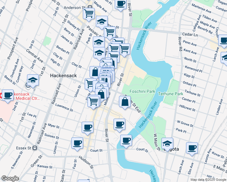 map of restaurants, bars, coffee shops, grocery stores, and more near 242 River Street in Hackensack