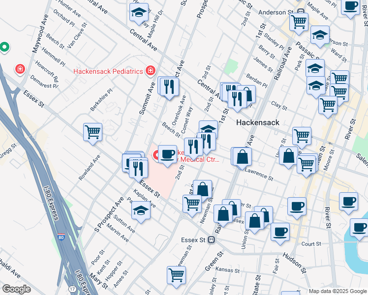 map of restaurants, bars, coffee shops, grocery stores, and more near 100 2nd Street in Hackensack