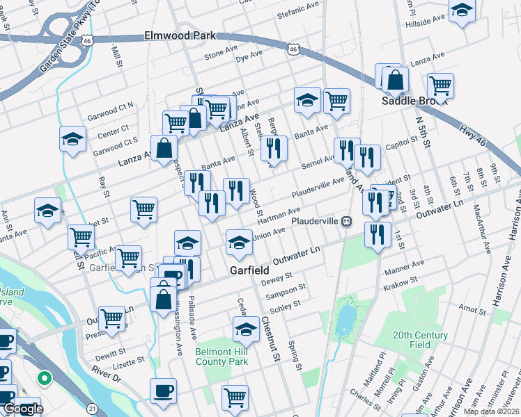 map of restaurants, bars, coffee shops, grocery stores, and more near 88 Plauderville Avenue in Garfield